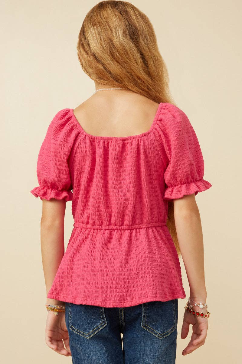Girls Smocked Textured Knit Cinch Sleeve Babydoll Top