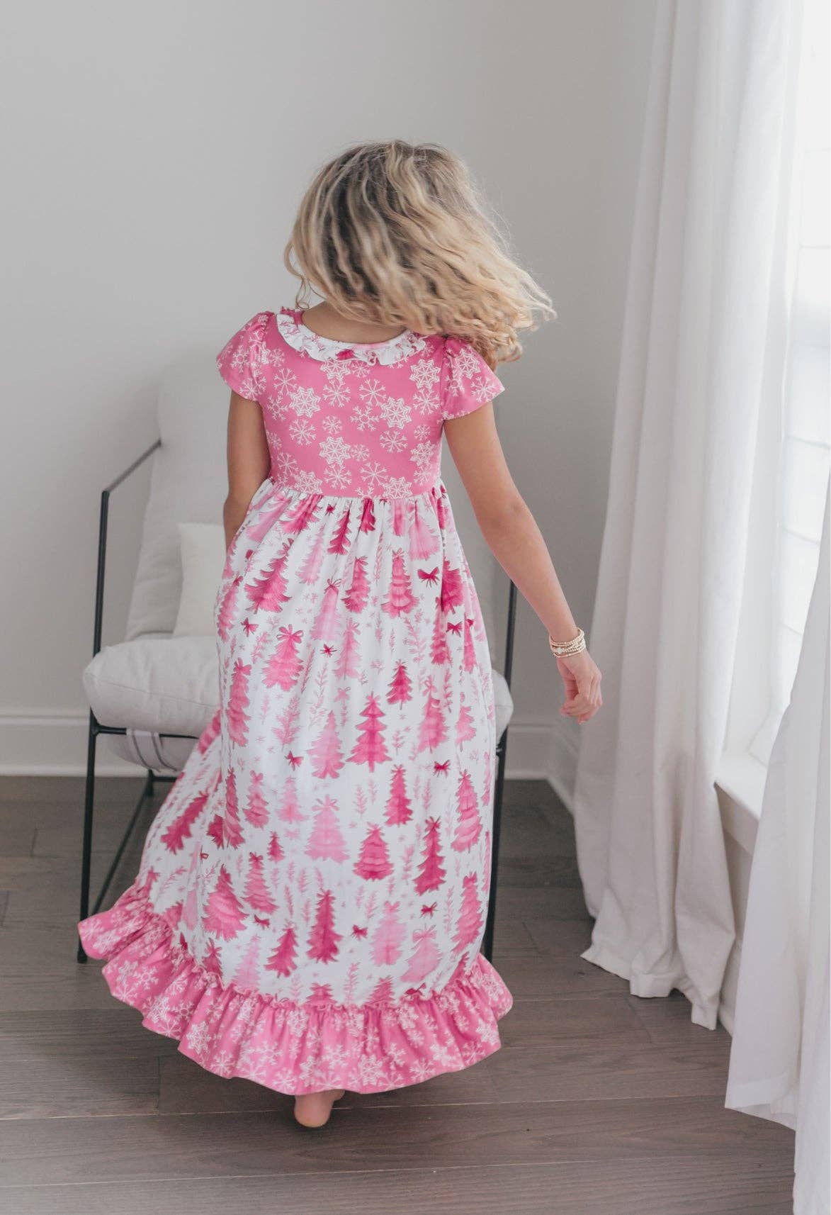 Girls Bright Pink Christmas Tree Holiday Ruffle Lounge Gown