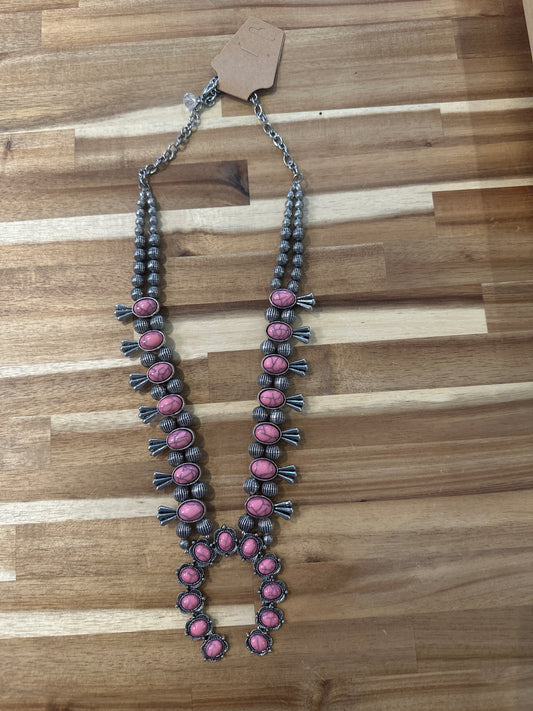 Pink Silver with orange stone squash blossom Necklace