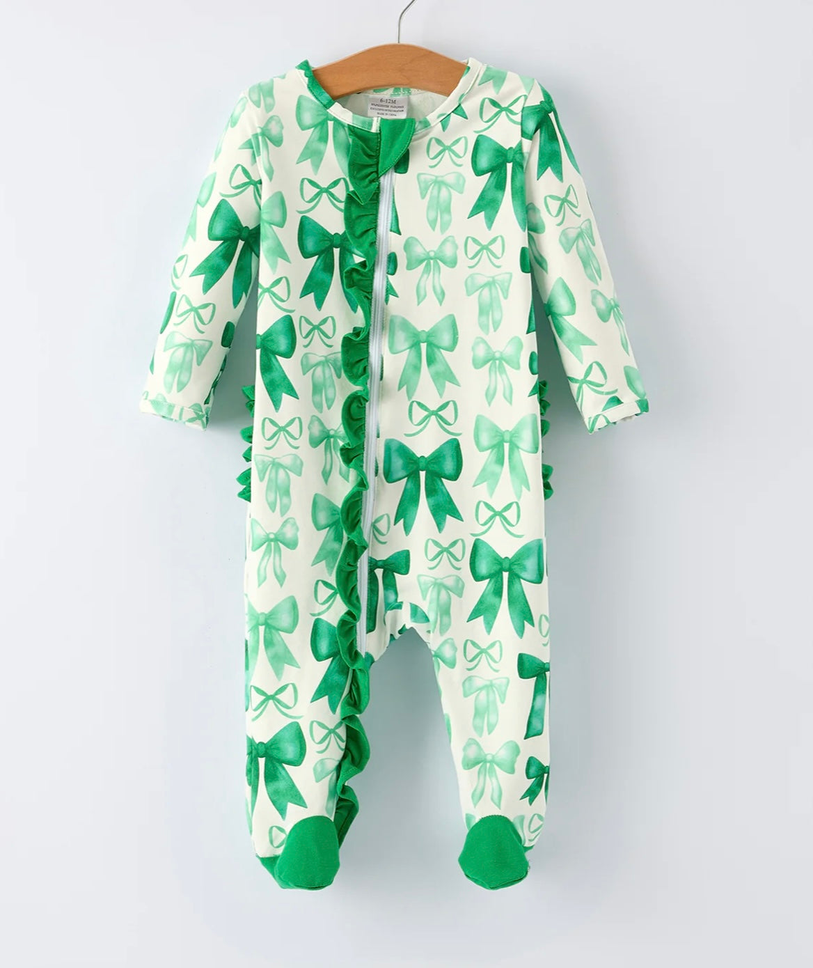 St. Patrick's Day Bow Print Long Sleeves Baby Girls Romper