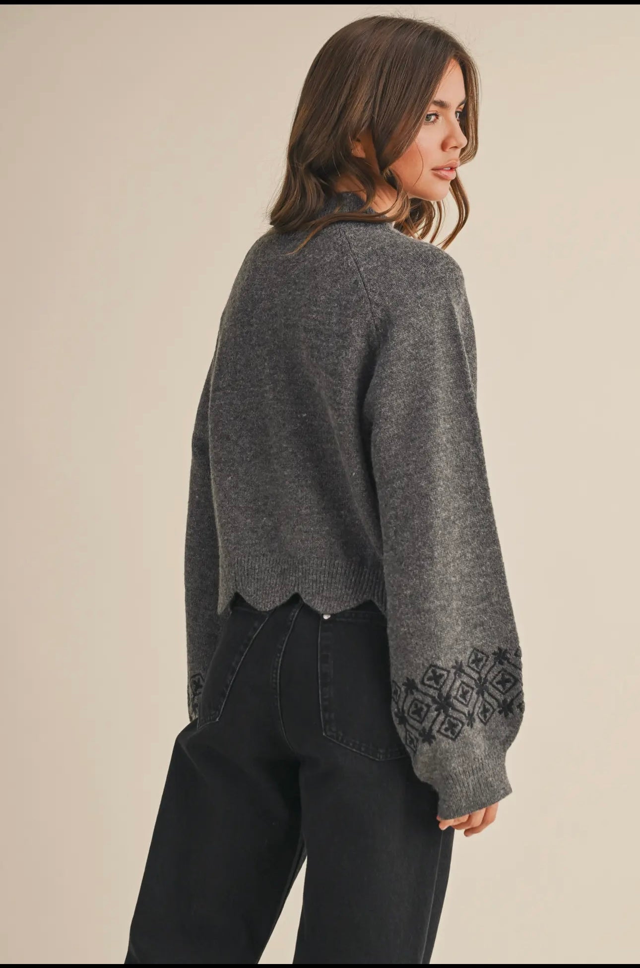 Scalloped Mock Neck Sweater with Embroidery