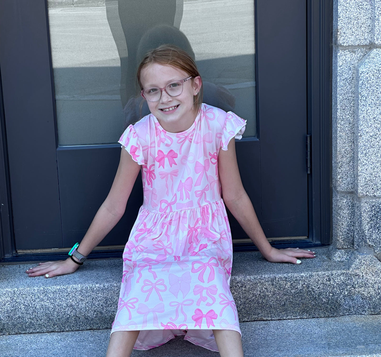 Bow Print Flying Sleeve Girls Dress