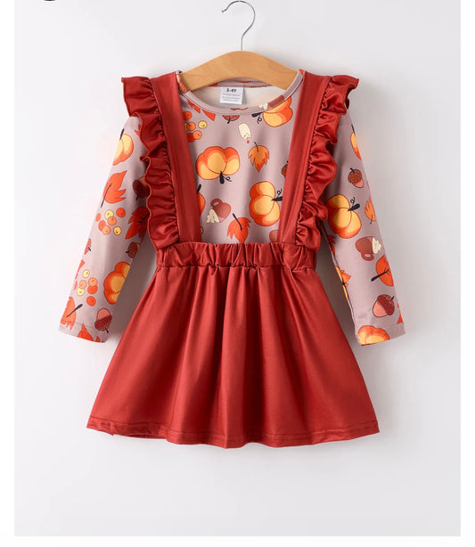 Thanksgiving Pumpkin Print Top + Suspender Dress Girls Set