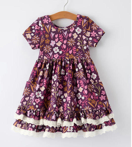Retro Floral Print Short Sleeve Girls Dress with Pockets