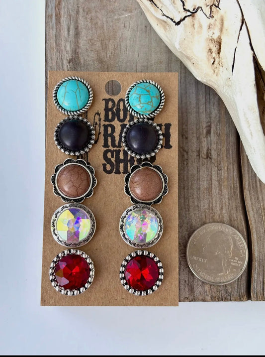 Western Style Round Concho & Stone Stud Earrings