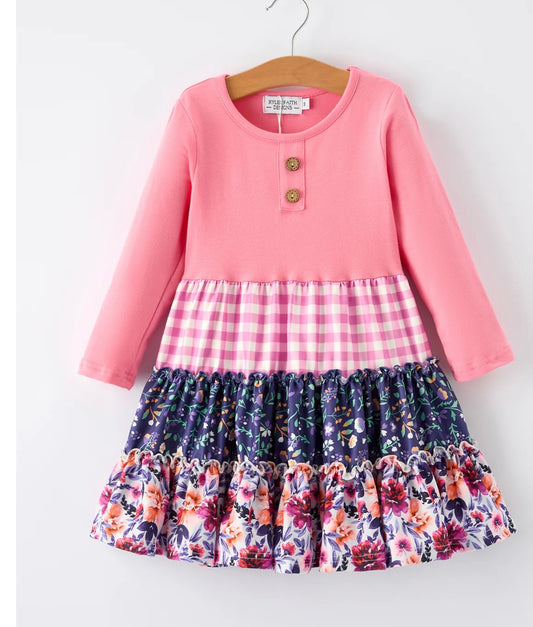 Pink Autumn Patchwork Floral & Plaid Long Sleeve Girls Dress