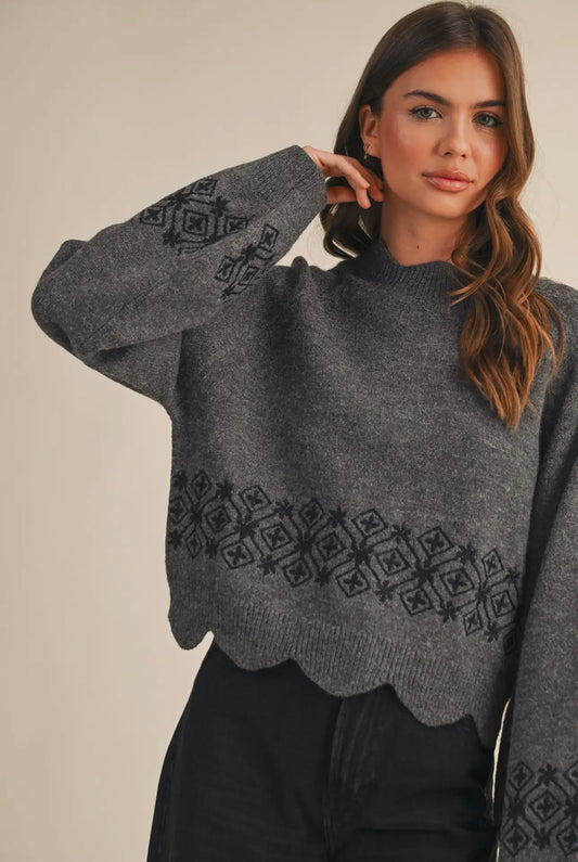 Scalloped Mock Neck Sweater with Embroidery