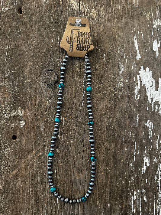 Western Navajo Pearl & Turquoise Stone Bead Necklace