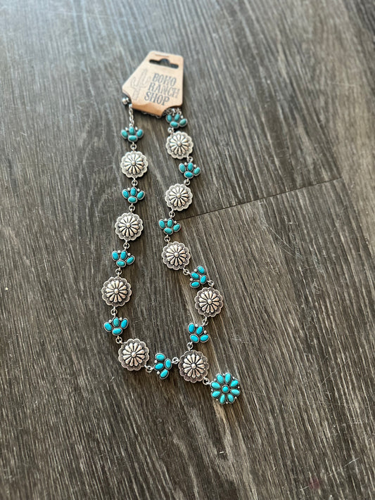 Western Round Concho & Turquoise Stone Paw Y Drop Necklace