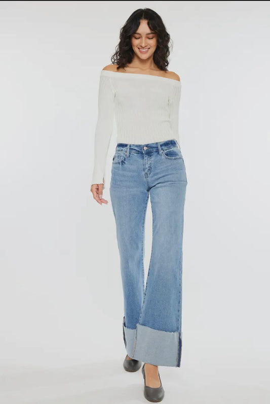 Kancan mid rise wide flare jean