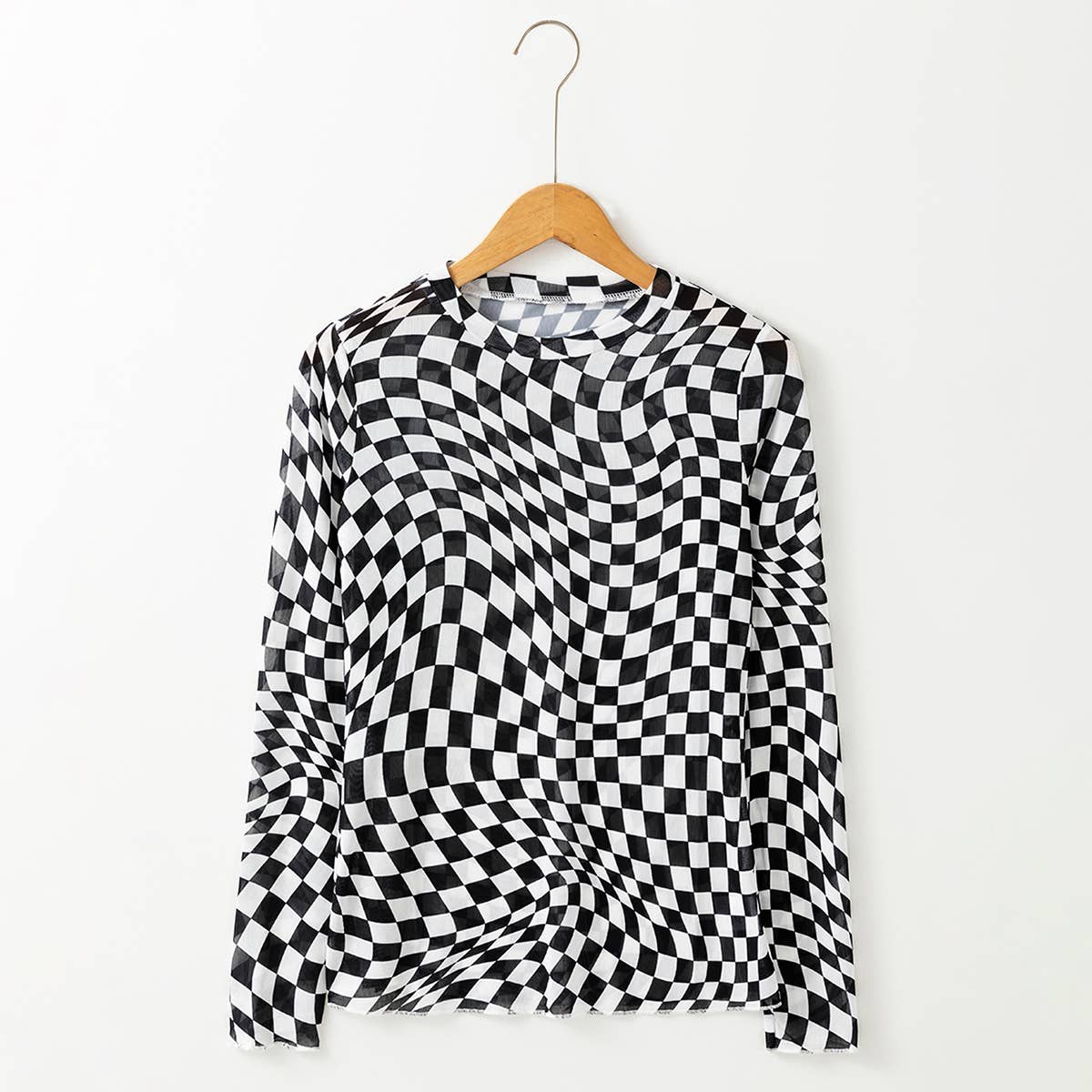 Checkered Pattern Mesh Mock Neck Long Sleeve Top