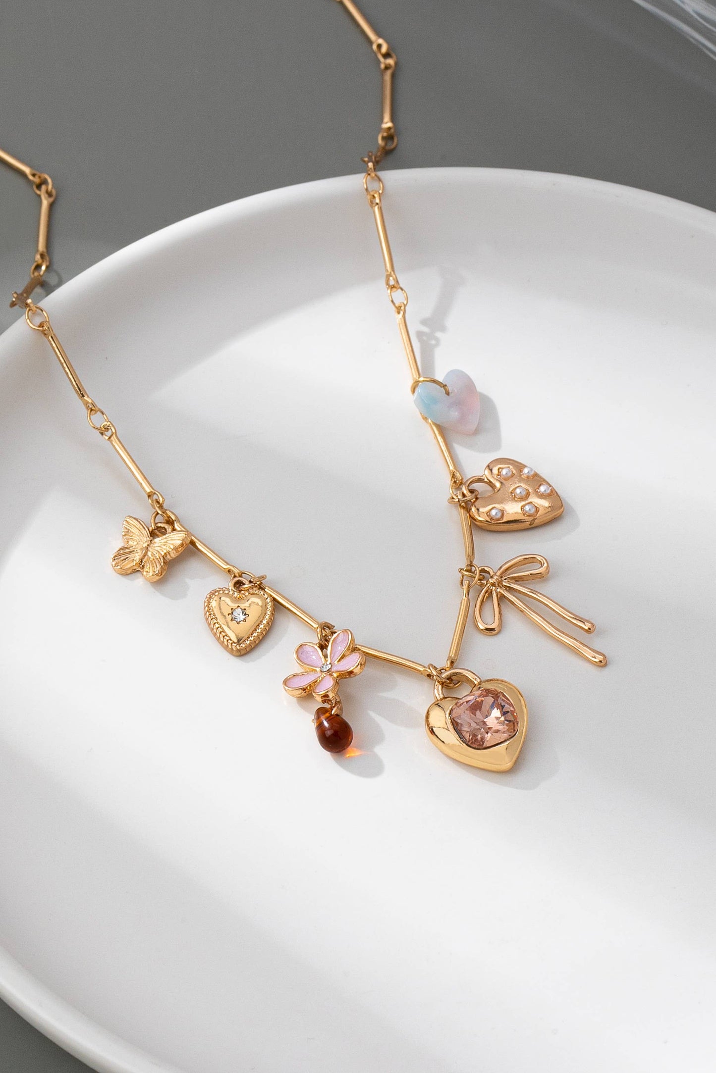 CHARM NECKLACE-HEARTS FLOWER BOW BUTTERFLY