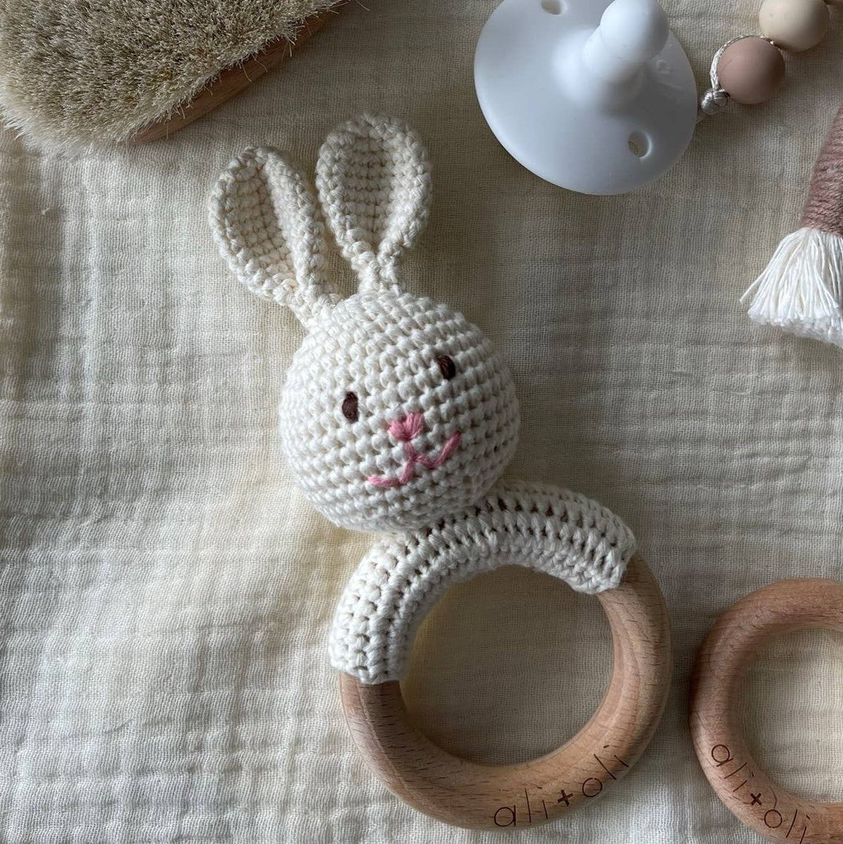 Baby Teething Toy Rattle Wood Ring Crochet bunny