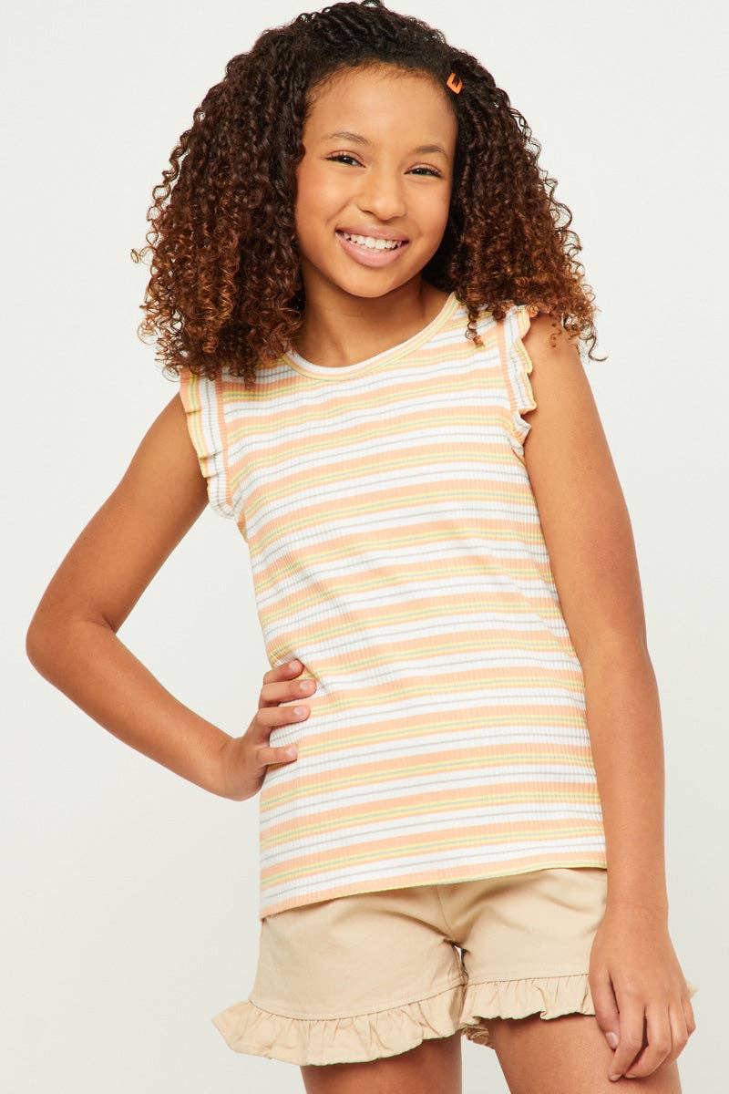 Girls Ribbed Knit Multi Stripe Ruffled Tank
