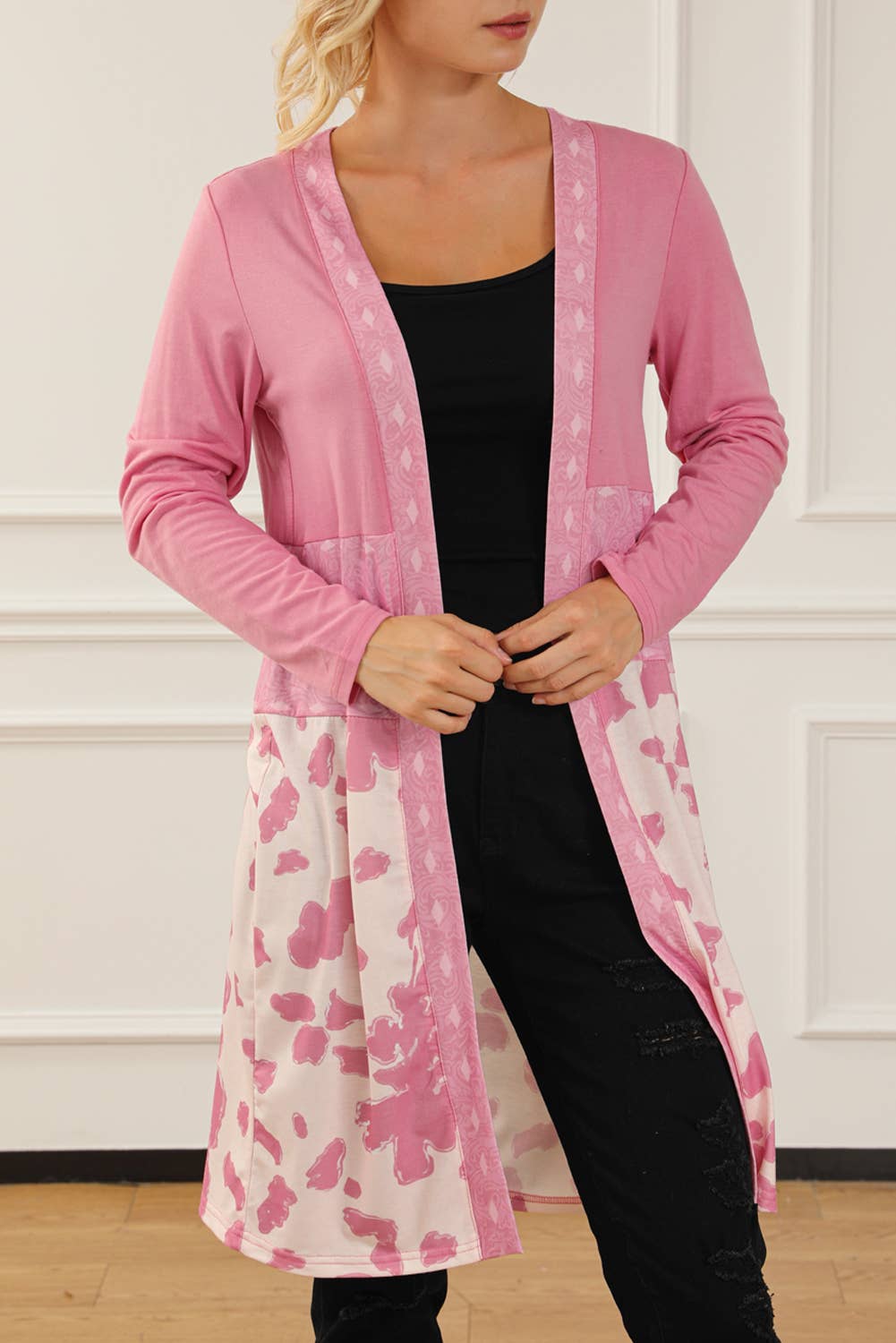 Western Pattern Cow Patchwork Open Front Cardigan