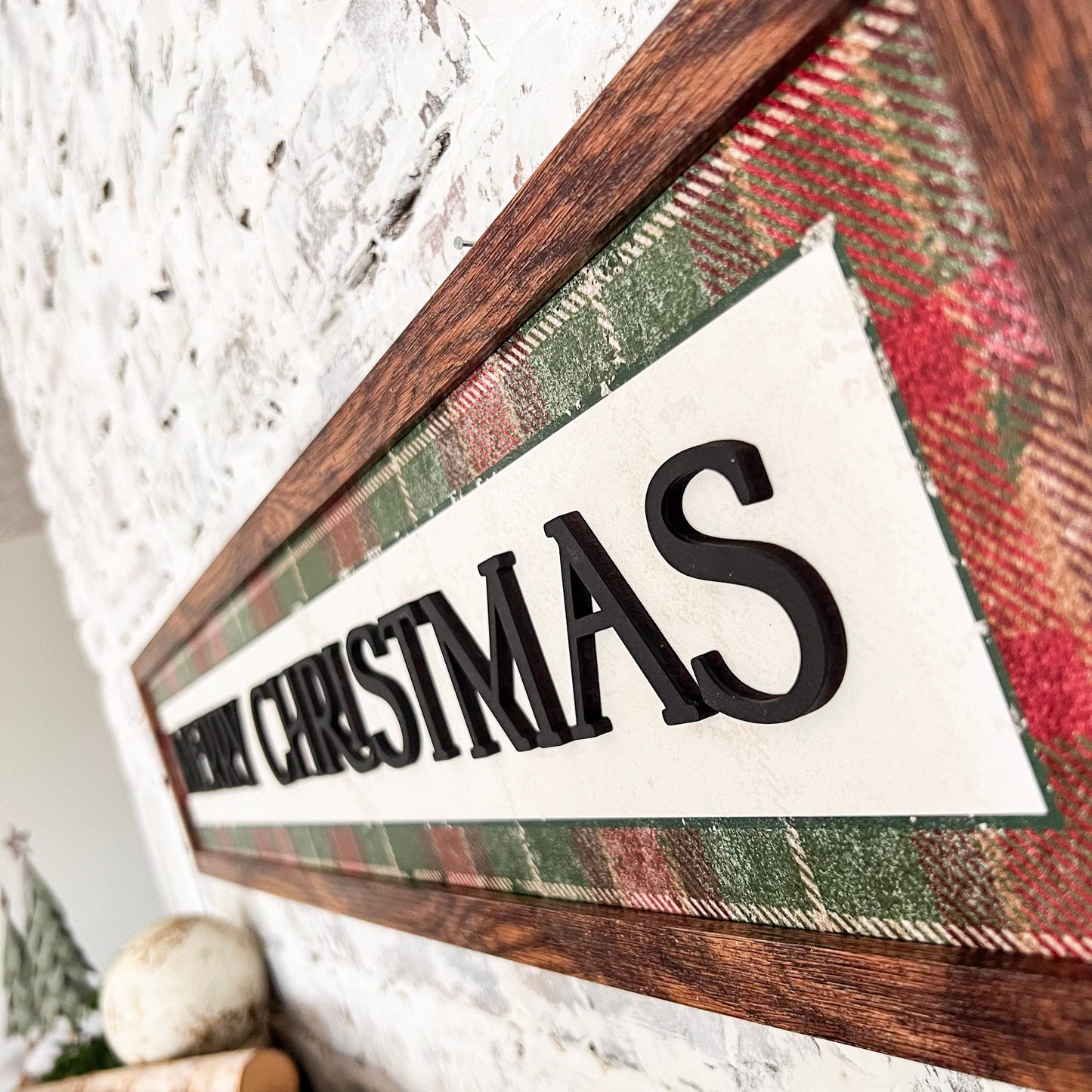 Merry Christmas Plaid Background Wood Sign