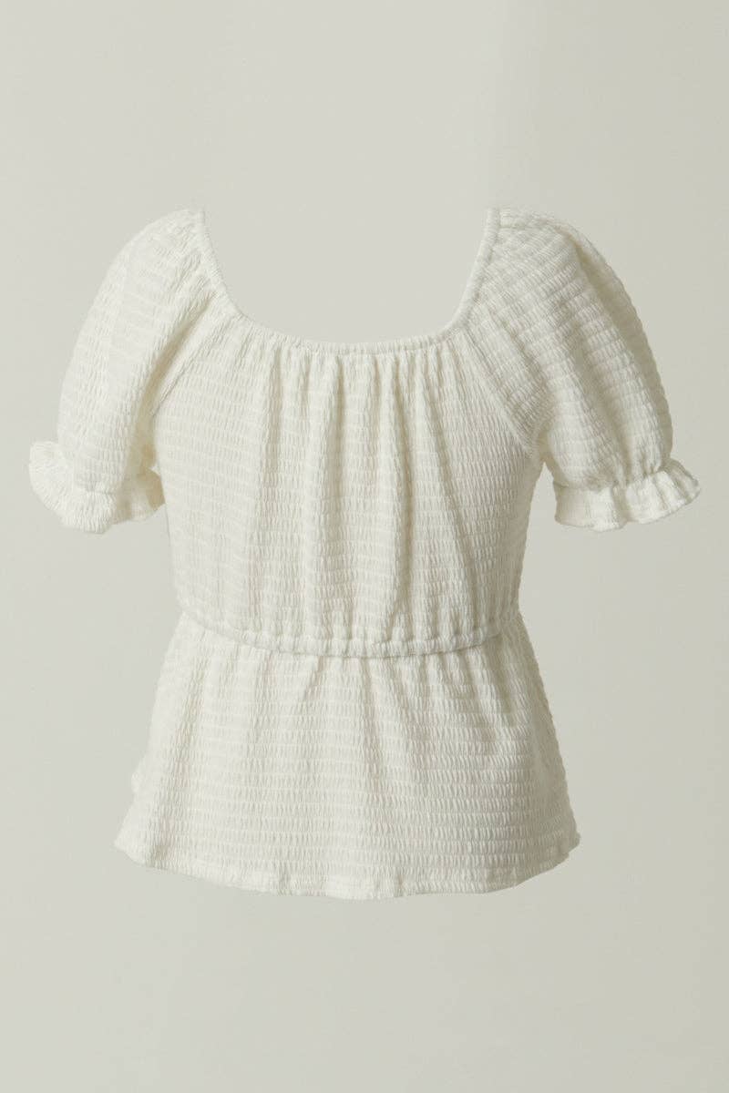 Girls Smocked Textured Knit Cinch Sleeve Babydoll Top