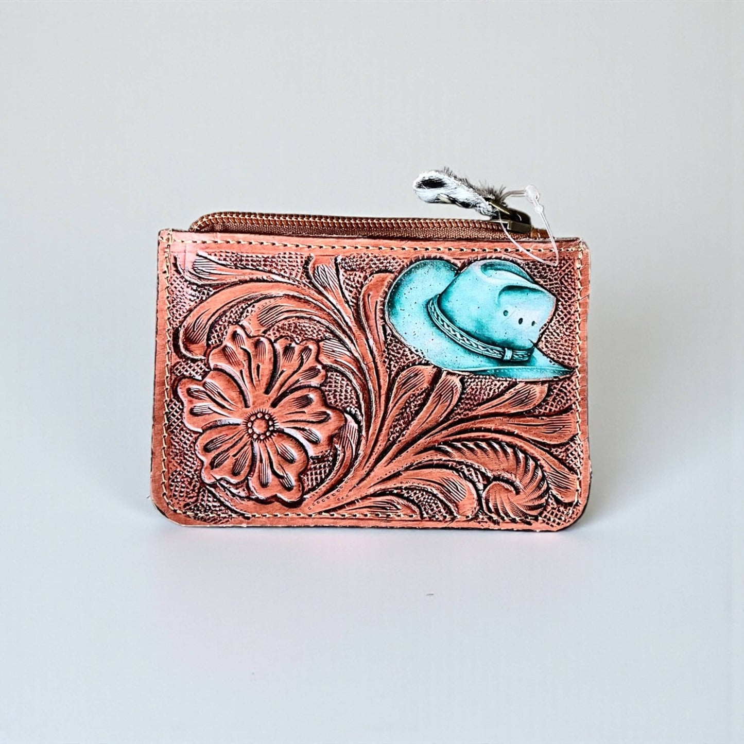 Turquoise hat tooled leather coin pouch 