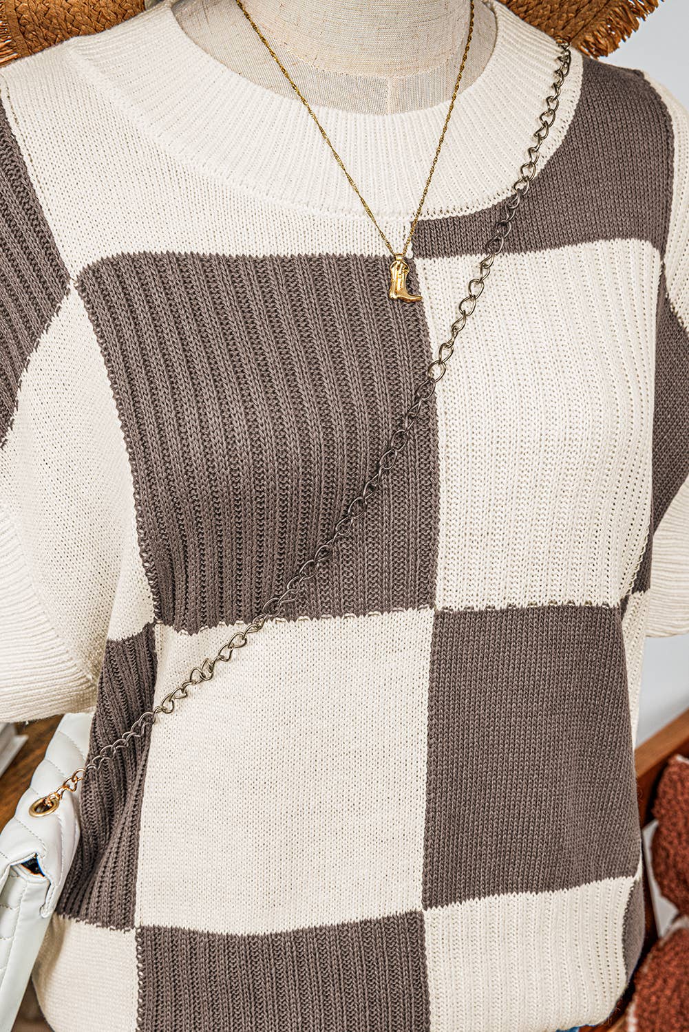 Checkered Colorblock Short Sleeve Sweater