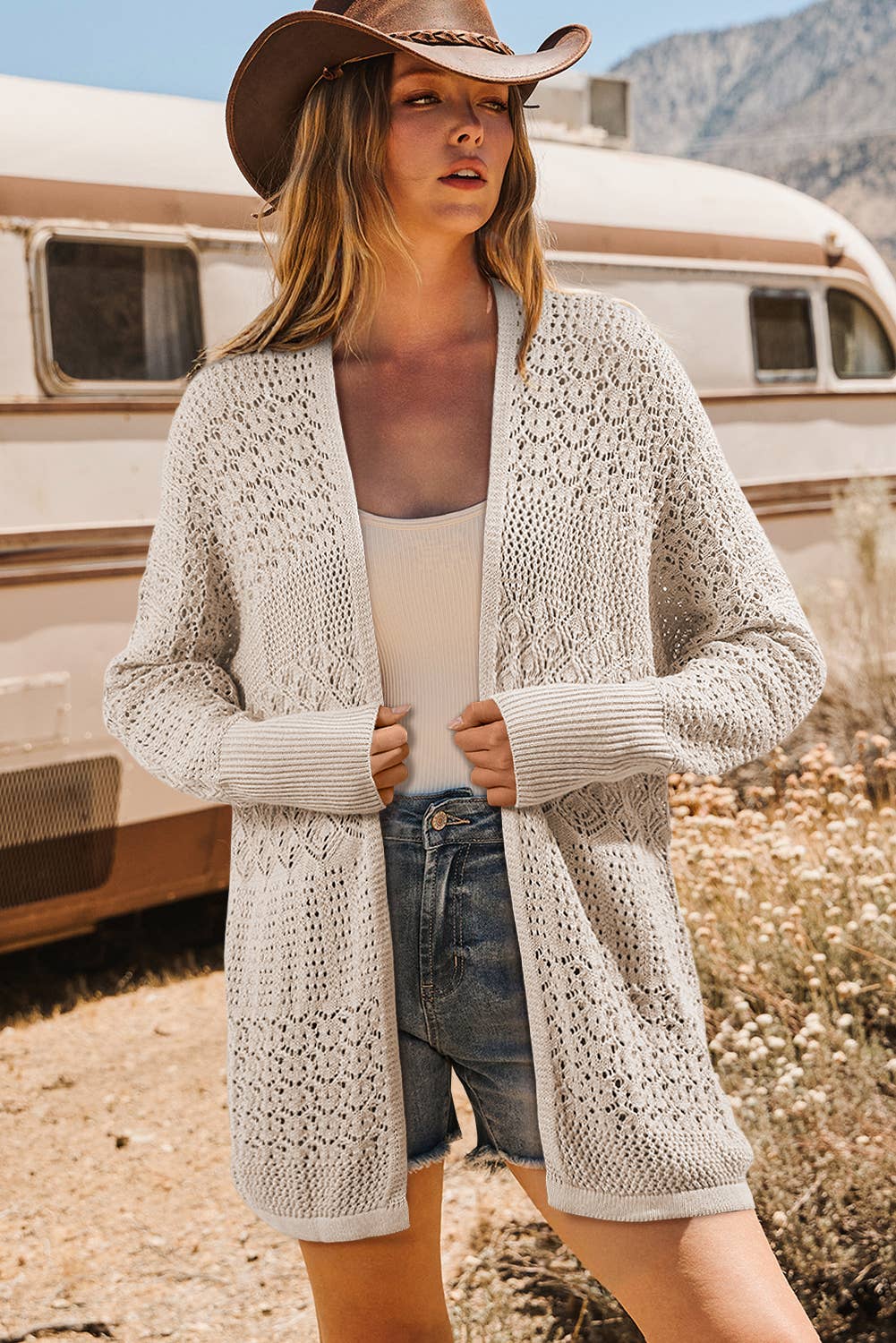 Hollowed Knit Open Front Cardigan