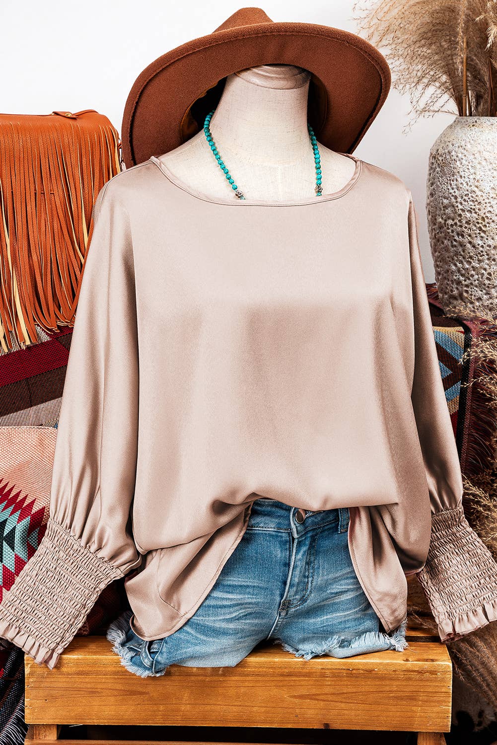 Shirred Dolman Sleeve Satin Blouse