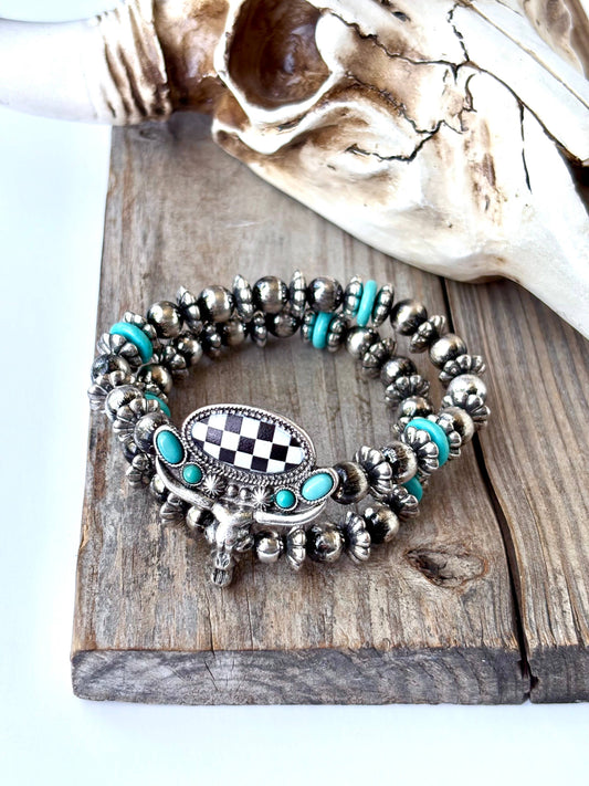 2 Layered Western Steerhead Checkerboard Stretch Bracelet
