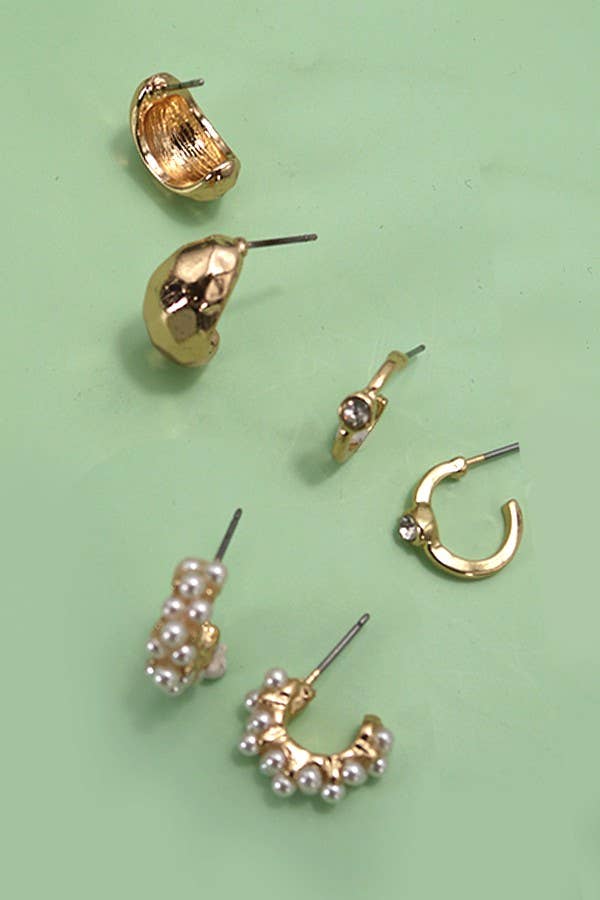 TRIO PEARL DIAMOND CUT  HOOP EARRINGS
