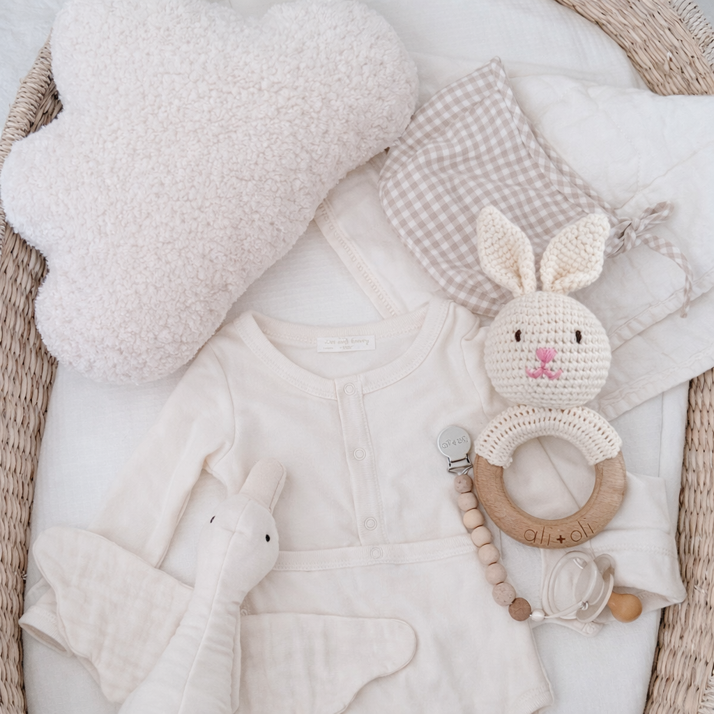 Baby Teething Toy Rattle Wood Ring Crochet bunny