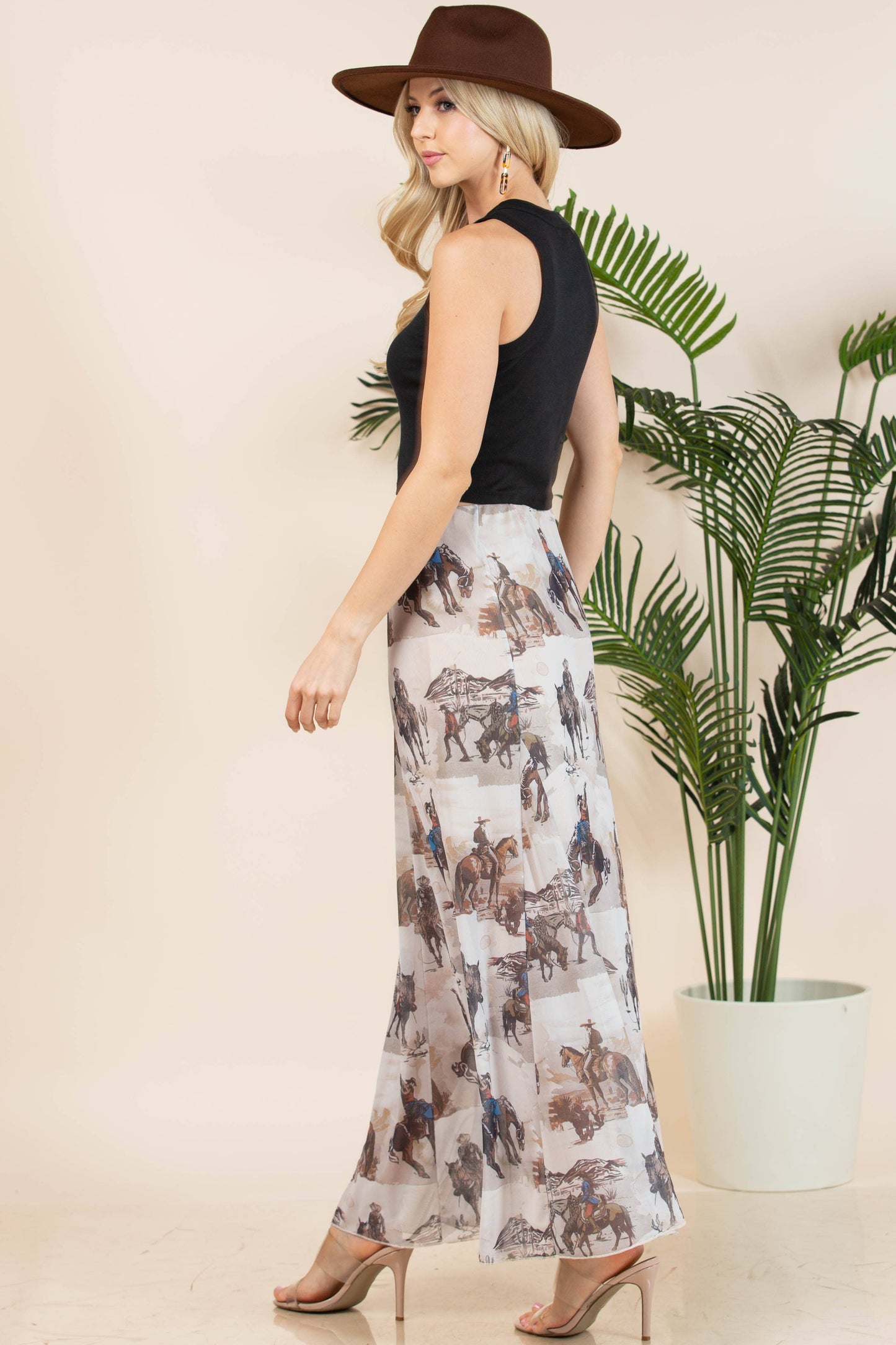 TANIA COWBOY PRINT LINED FULL MESH SKIRT