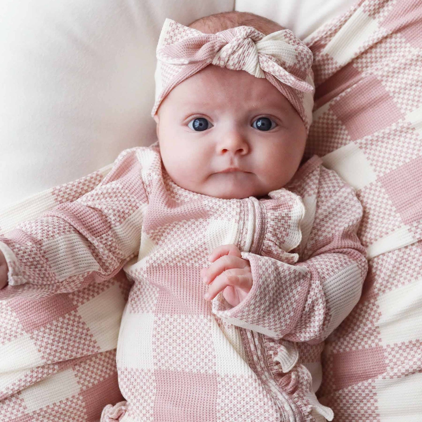 Big Check Bamboo Waffle Zipper Ruffle Footie | Rosy
