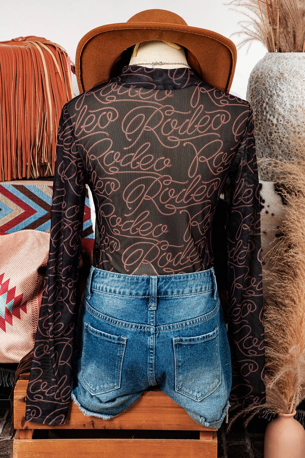 Fall Western Rodeo Mock Neck Long Sleeve Mesh Top