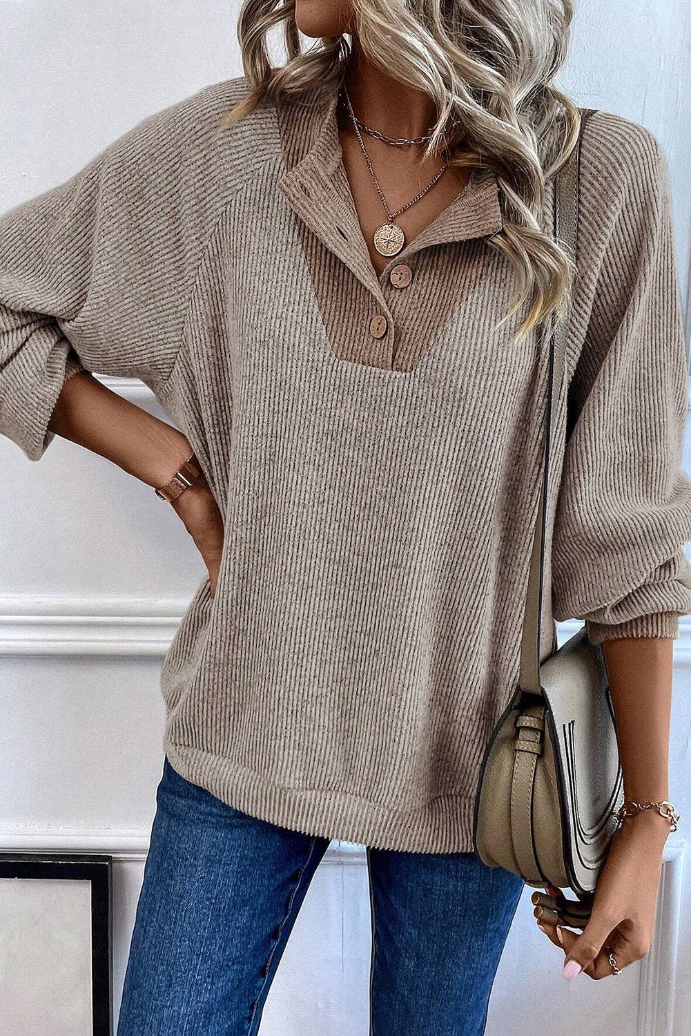 Ribbed Loose Fit Long Sleeve Top: Khaki