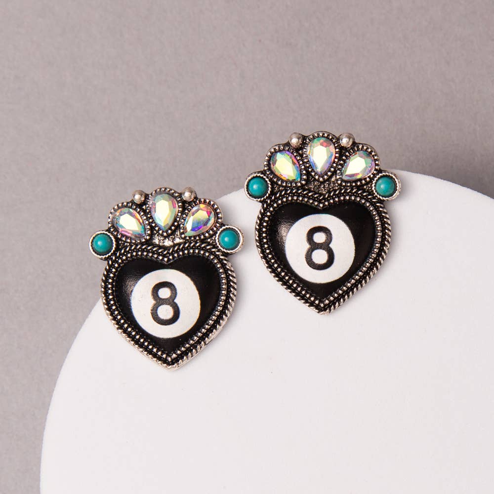Western Turquoise Crystal Embellished 8 Ball Heart Earrings