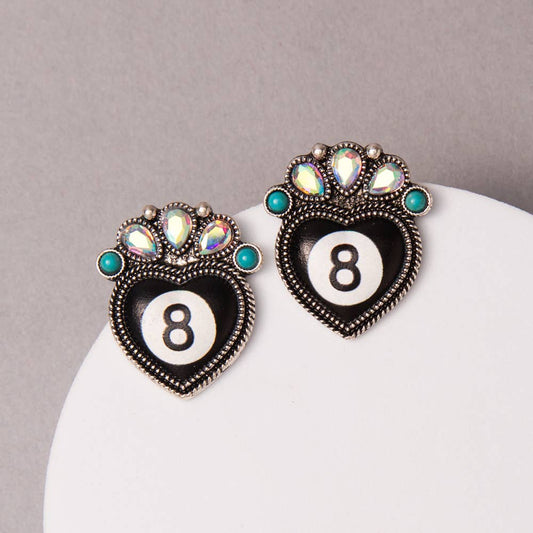 Western Turquoise Crystal Embellished 8 Ball Heart Earrings