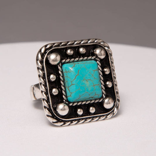 Western Turquoise Embellished Square Concho Ring