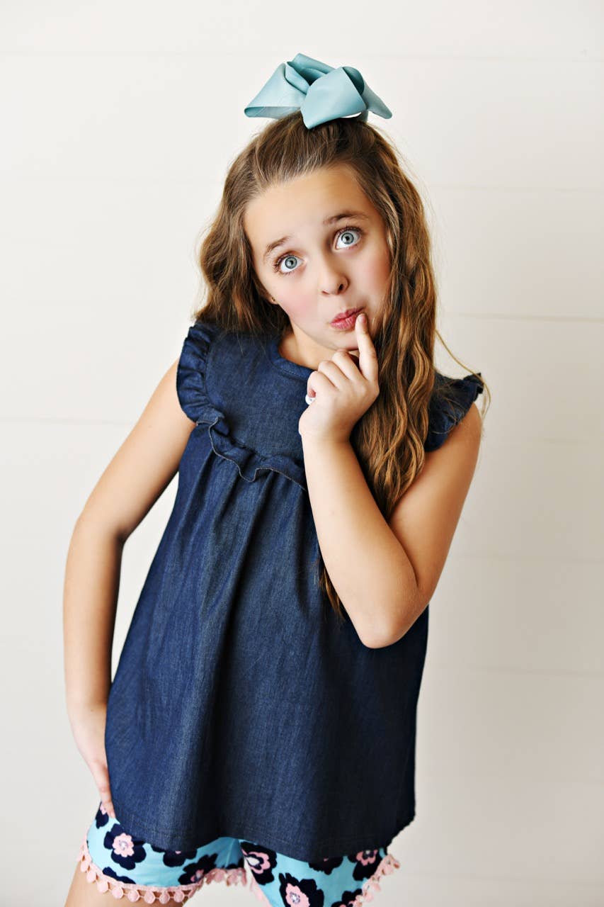 Kids Dark Jean Flower Ruffle Button Two Piece Set