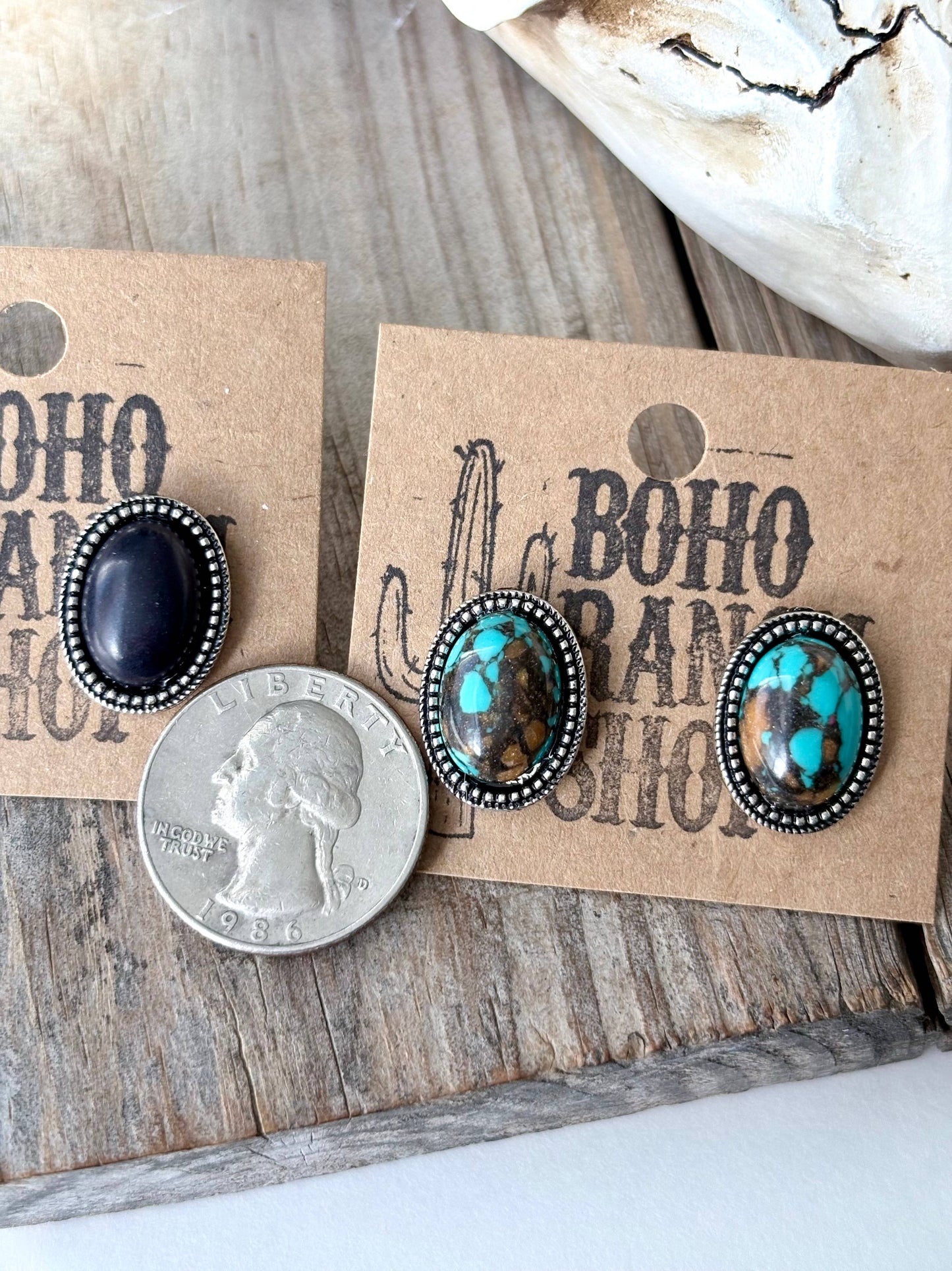 Western Style Oval Turquoise Stone Concho Stud Earrings