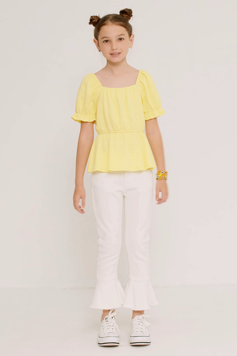 Girls Smocked Textured Knit Cinch Sleeve Babydoll Top
