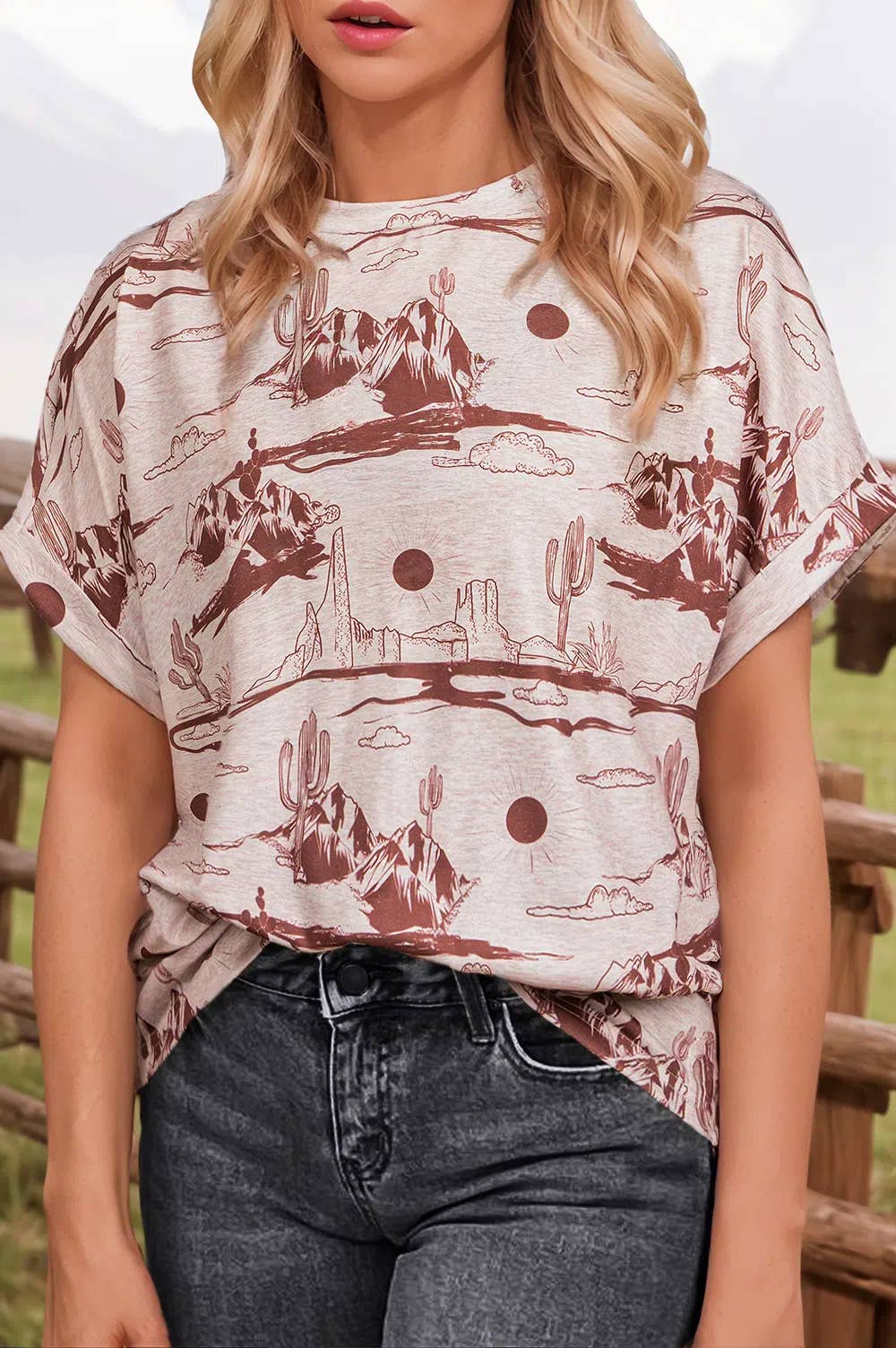 Western Desert Sand Print Short Sleeve Knit Top