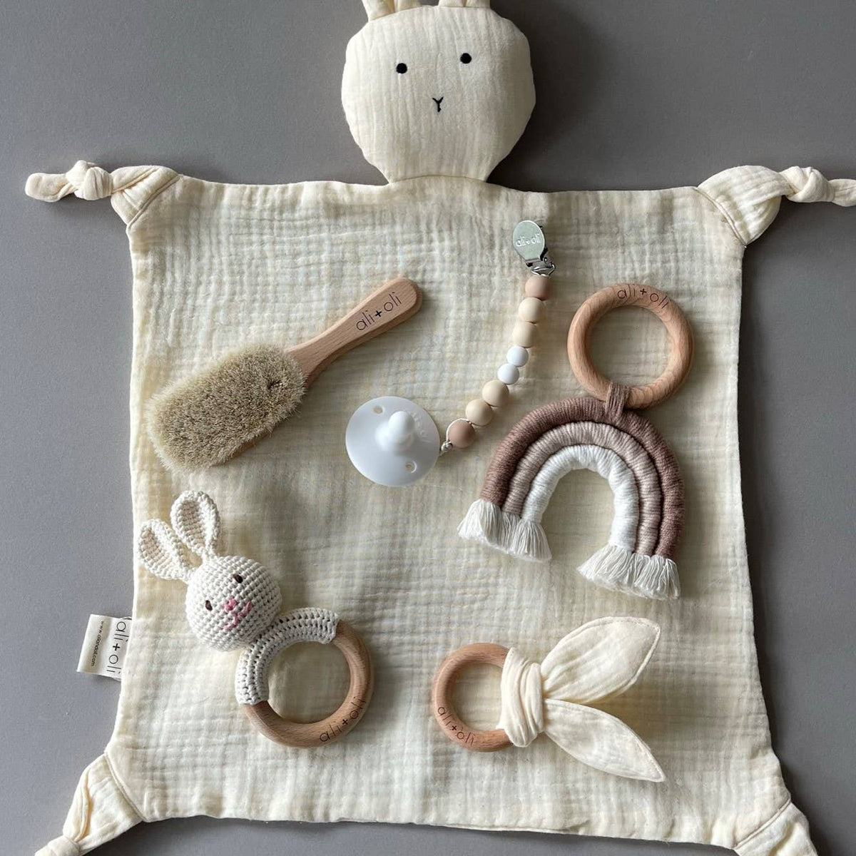 Baby Teething Toy Rattle Wood Ring Crochet bunny