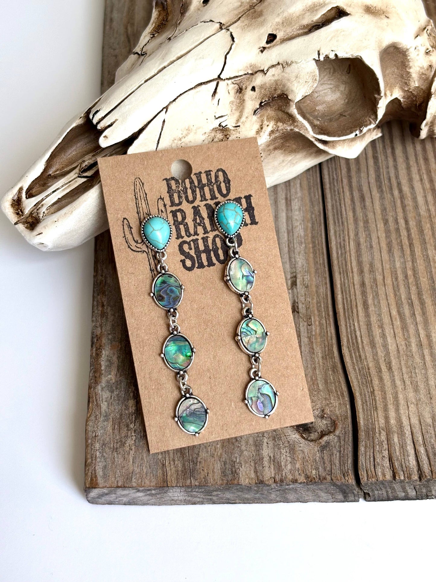 Turquoise Stone & Mother of Pearl 4 Tier Post Drop Earrings