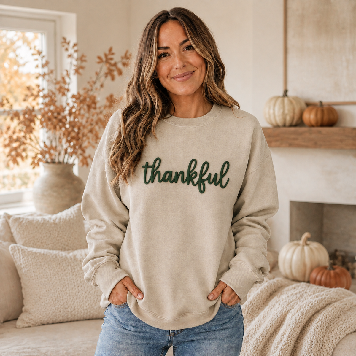 Thankful Puff Print Fall Sweatshirt