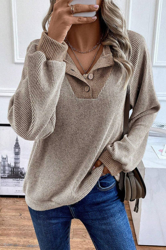 Ribbed Loose Fit Long Sleeve Top: Khaki