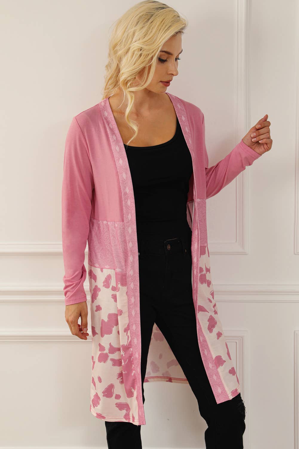 Western Pattern Cow Patchwork Open Front Cardigan