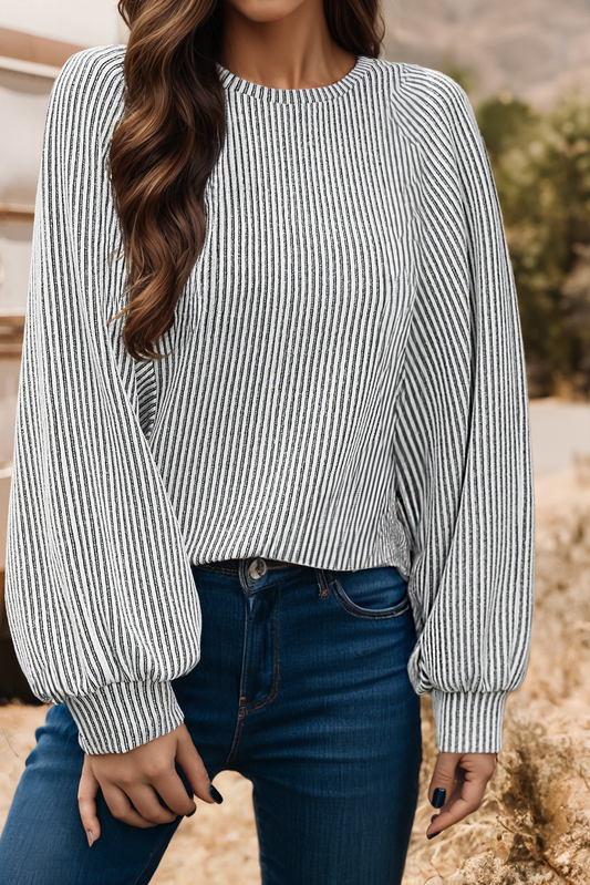 Ribbed Knit Round Neck Long Lantern Sleeve Top