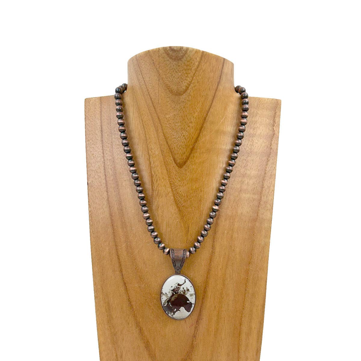 Silver Navajo pearl beads with oval cowboy pendent Necklace