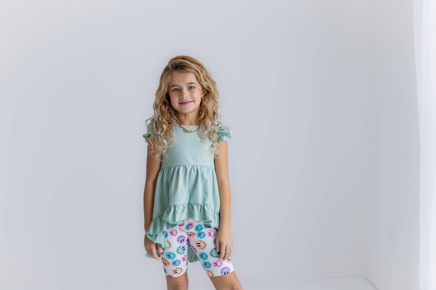 Kids Mint Green Smiley Face hi low Short Set