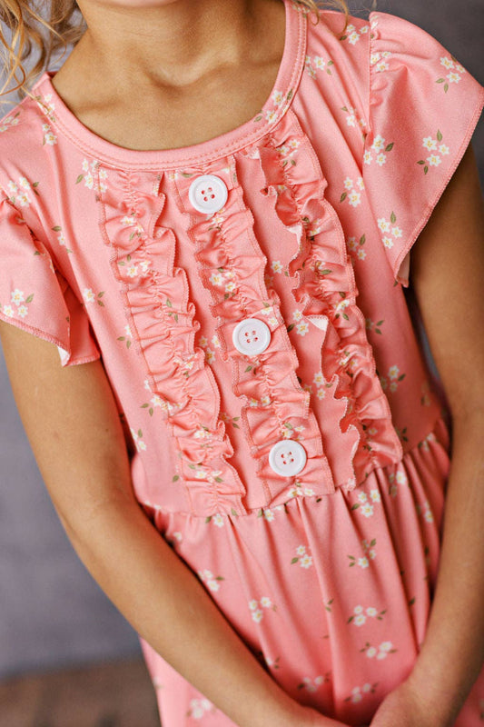 Kids Dainty Coral Floral Ruffle Button Dress