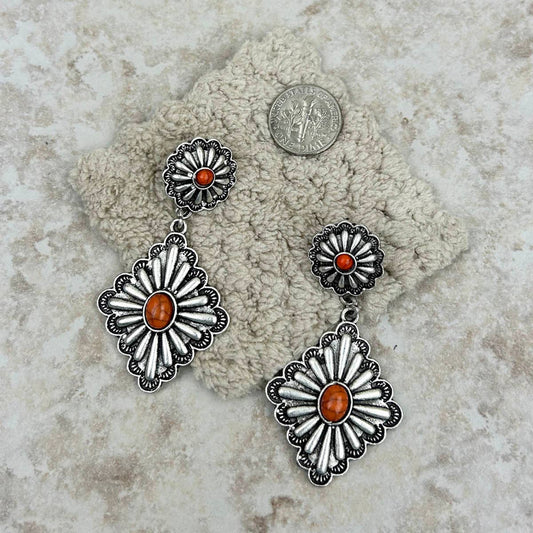Silver Dangle Earrings with Orange Stone Concho