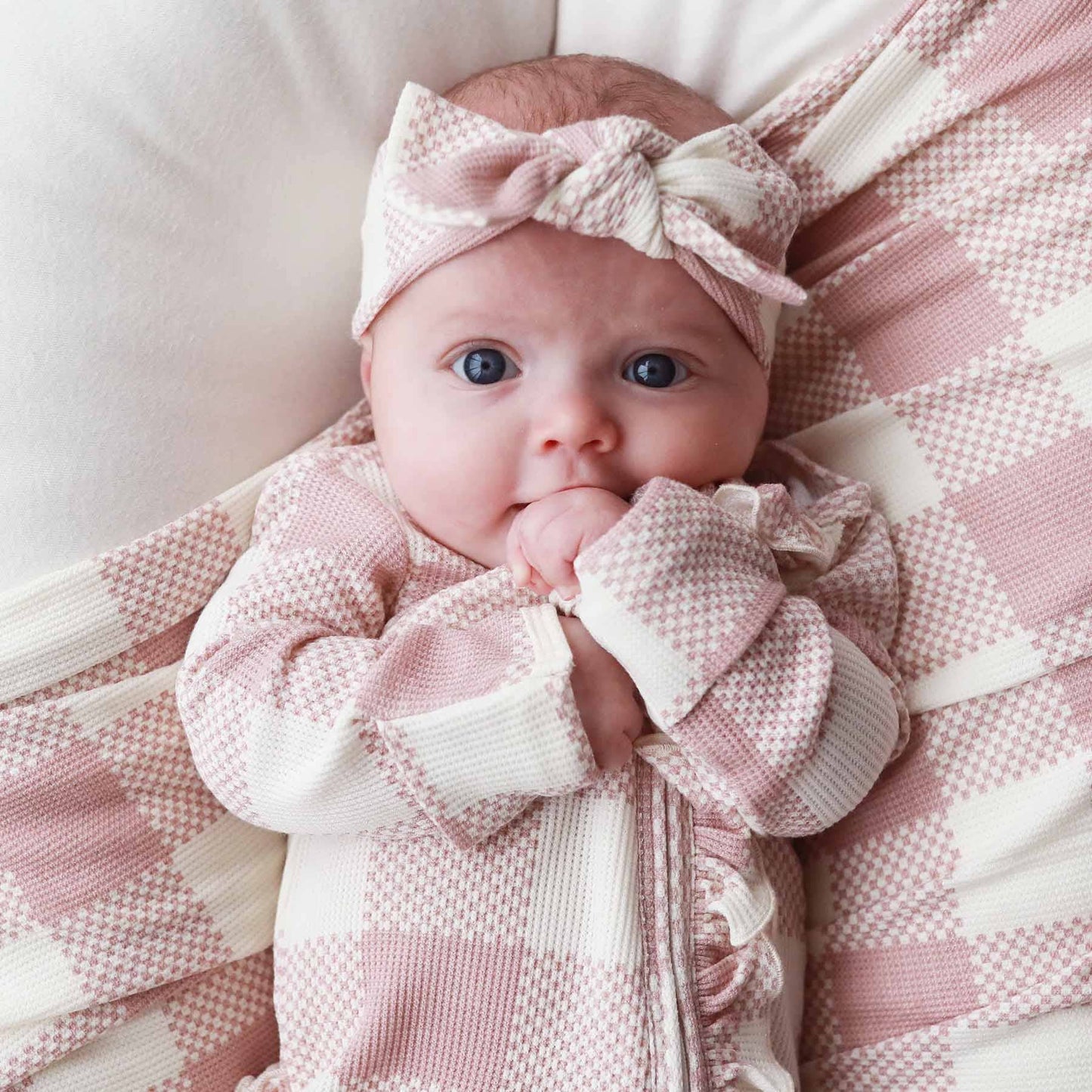 Big Check Bamboo Waffle Zipper Ruffle Footie | Rosy